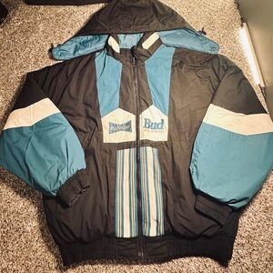 Vintage Budweiser Black and Teal Jacket reversible with hood